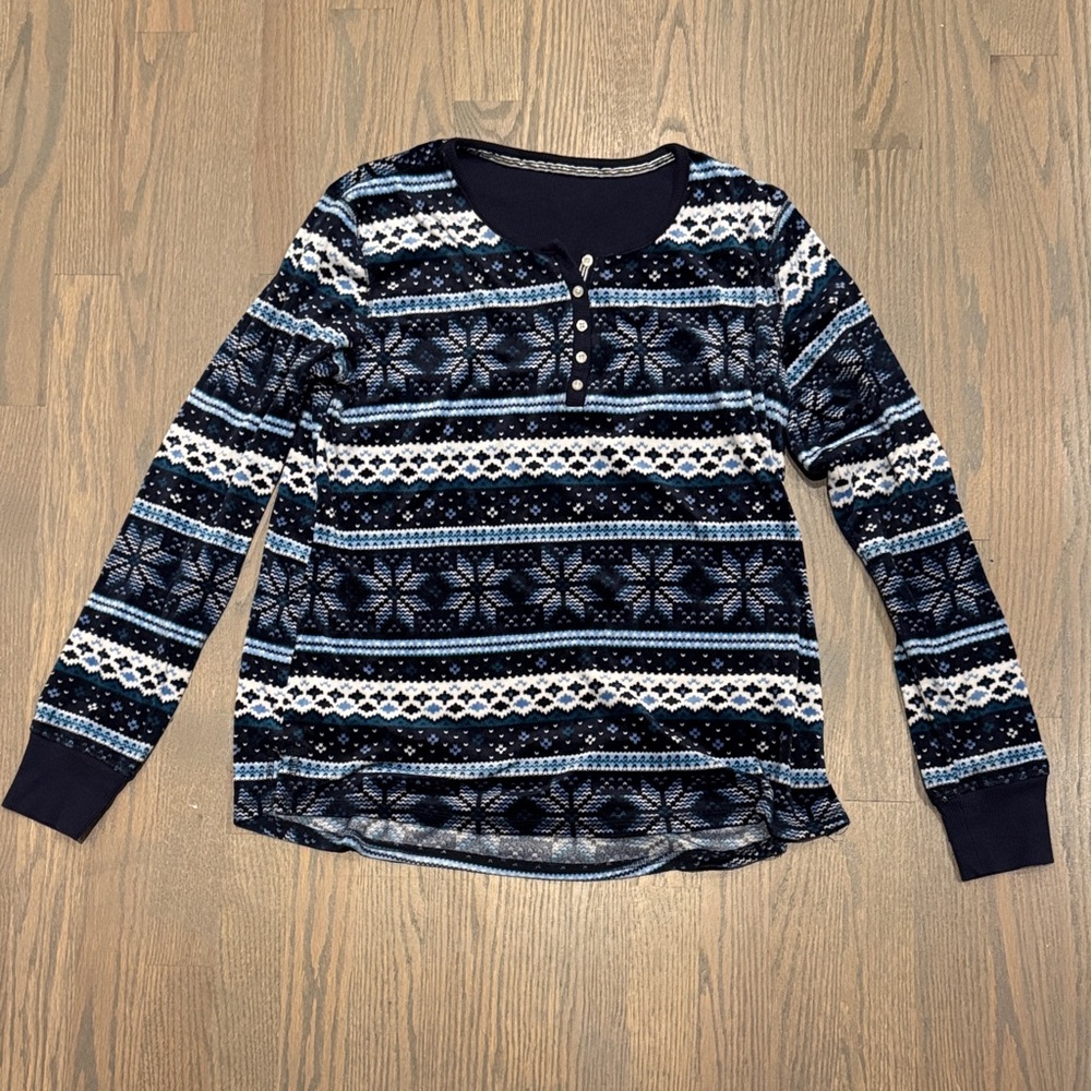 Navy and White Patterned Long Sleeve Top